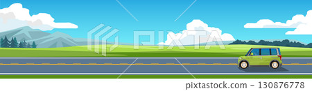 Driving of van car with driving on smooth asphalt road. Vast grassland on a hill with pine forests distance the soft colors of the mountains. Under blue sky with white clouds. For banner background. Driving of van car with driving on smooth asphalt road. Vast grassland on a hill with pine forests distance the soft colors of the mountains. Under blue sky with white clouds. For banner background. 130876778