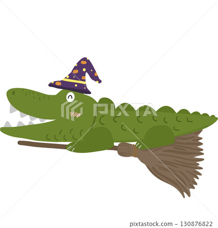 Cute cartoon crocodile wearing a purple witch hat with pumpkin patterns, flying on a broomstick. Fun and playful Halloween themed illustration with a magical fantasy touch. 130876822