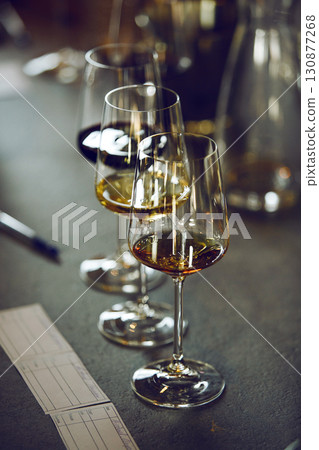 Wine tasting preparation. Various wines in glasses without name. Blind degustation. 130877268