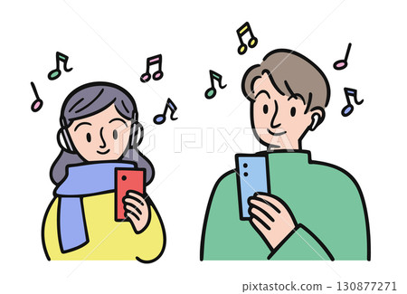 Illustration of a man and woman wearing headphones and earphones and listening to music with a smartphone in their hands 130877271