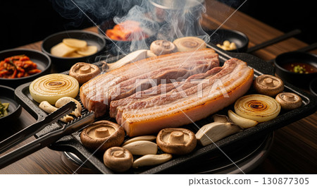Korean Samgyeopsal Pork Belly Grilling with Mushrooms and Onions 130877305