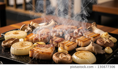 Smoky Korean Samgyeopsal Pork Belly Grilling with Vegetables 130877306