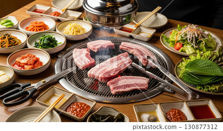Korean Barbecue Samgyeopsal with Fresh Side Dishes and Vegetables 130877312
