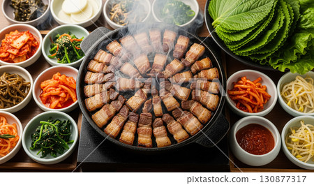 Korean BBQ Pork Belly Samgyeopsal with Assorted Side Dishes 130877317