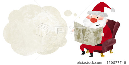 聖誕老人想像看地圖和雲形對話泡泡的插圖集 聖誕老人想像看地圖和雲形對話泡泡的插圖集 130877746