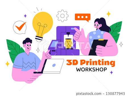 3D Printing Workshop Vector Illustration Featuring an Innovative Fabrication Process with Desktop Modeling Equipment and Computer for Printing 130877943