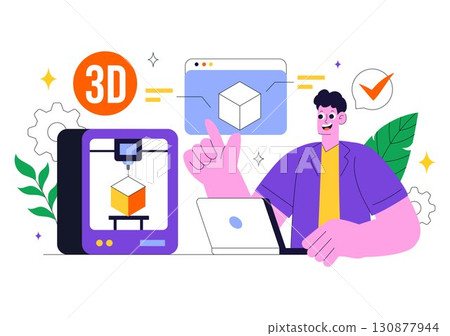 3D Printing Workshop Vector Illustration Featuring an Innovative Fabrication Process with Desktop Modeling Equipment and Computer for Printing 130877944