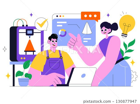 3D Printing Workshop Vector Illustration Featuring an Innovative Fabrication Process with Desktop Modeling Equipment and Computer for Printing 130877947