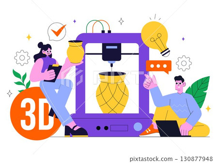 3D Printing Workshop Vector Illustration Featuring an Innovative Fabrication Process with Desktop Modeling Equipment and Computer for Printing 130877948