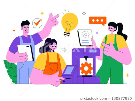 3D Printing Workshop Vector Illustration Featuring an Innovative Fabrication Process with Desktop Modeling Equipment and Computer for Printing 130877950