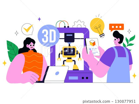 3D Printing Workshop Vector Illustration Featuring an Innovative Fabrication Process with Desktop Modeling Equipment and Computer for Printing 130877951