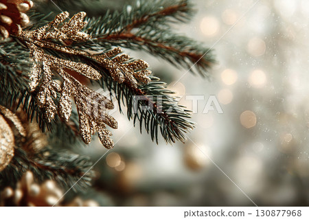 Christmas tree branches decorated with golden toys. Merry Christmas and happy holidays. Greeting banner with space for text. New Year, Noel. Christmas tree branches decorated with golden toys. Merry Christmas and happy holidays. Greeting banner with space for text. New Year, Noel. 130877968