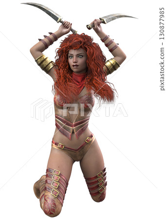 3D Fantasy Warrior Woman with Curly Red Hair and Dual Blades 130877985