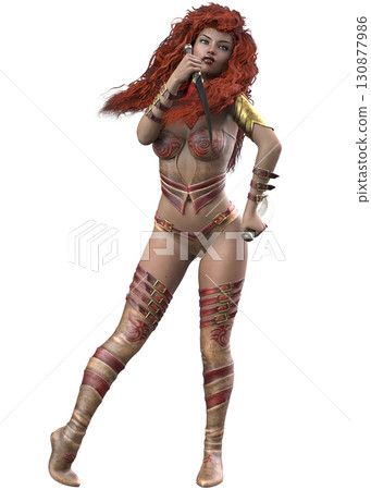 3D Fantasy Warrior Woman with Curly Red Hair and Dual Blades 130877986