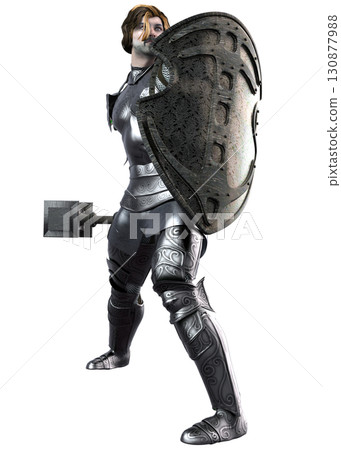 3D Medieval Knight in Armor with Hammer and Shield 130877988