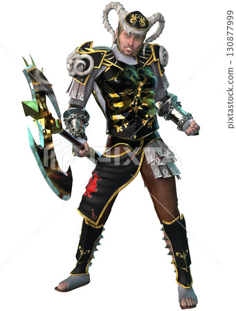 Fantasy Warrior in Black and Gold Armor Holding Battle Axe Fantasy Warrior in Black and Gold Armor Holding Battle Axe 130877999