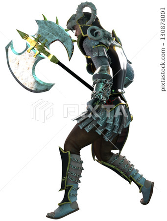 Fantasy Warrior in Black and Gold Armor Holding Battle Axe Fantasy Warrior in Black and Gold Armor Holding Battle Axe 130878001