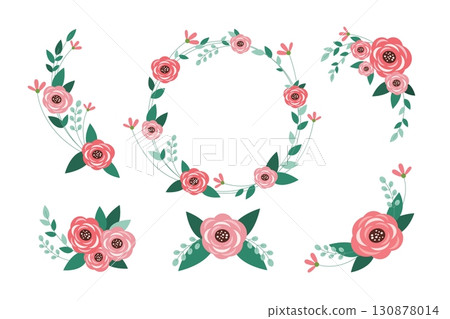 Floral wreath and bouquet vector set 130878014