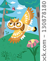 Owl fly in forest against backdrop of trees. Hand-drawn vector illustration of scene. 130878180