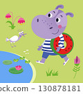 Hippo walk with inflatable ring to lake to swim in summer. Hand drawn scene vector illustration. 130878181