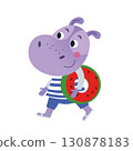 Hippo walk with inflatable ring to lake to swim in summer. Hand drawn isolated vector illustration on white background. 130878183