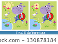 Find 6 differences. Game for kids. Hippo walk with inflatable ring to lake to swim in summer. Hand drawn vector illustration. 130878184