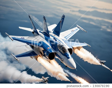 藍色衝擊波在夕陽下飛行 130878190