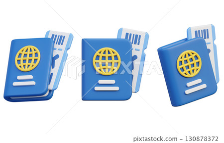 cartoon style passport with Airplane Ticket 3D graphic 130878372