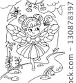 Fairy with wings walks through forest against backdrop of trees. Black and white outline vector illustration. 130878397