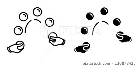Line icon. Hands of a circus juggler skillfully juggles balls in front of the audience. Simple black and white vector isolated on white background Line icon. Hands of a circus juggler skillfully juggles balls in front of the audience. Simple black and white vector isolated on white background 130878423