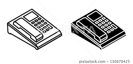 Linear icon, isometric landline wired office phone with buttons. IP communication aerial view. Simple black and white top view vector isolated on white background 130878425