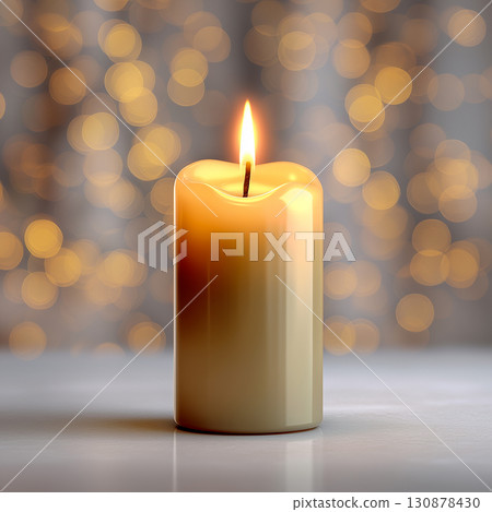 In the foreground is a close-up of a thick beige or wax candle with a brightly burning flame. The candle sits on a smooth, reflective surface, creating a beautiful highlight. The background is blurred 130878430