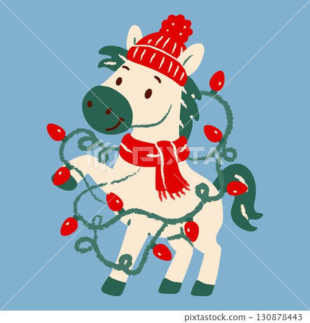 Cute Christmas Horse with Lights and Winter Hat Cute Christmas Horse with Lights and Winter Hat 130878443