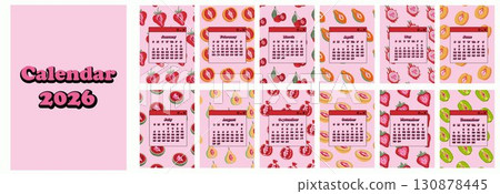 Cute 2026 Monthly Calendar with various sliced fruits creatively designed with abstract feminine symbols in a modern artistic style Cute 2026 Monthly Calendar with various sliced fruits creatively designed with abstract feminine symbols in a modern artistic style 130878445