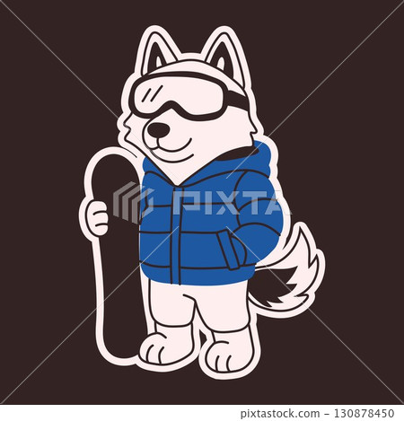 Snowboarding Husky Dog in Winter Jacket and Goggles 130878450