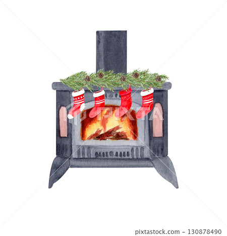 Stove with burning fire, with pine branches, red stockings. Watercolor isolated on white ideal for Christmas cards, posters, invitations, scrapbooking, and cozy holiday design. Festive fireplace 130878490