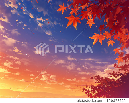 Bright red autumn leaves and sunset sky AI image Bright red autumn leaves and sunset sky AI image 130878521