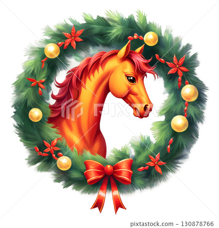 Red Fire Horse with Christmas Wreath and New Year Decorations Symbol of Chinese Zodiac 130878766
