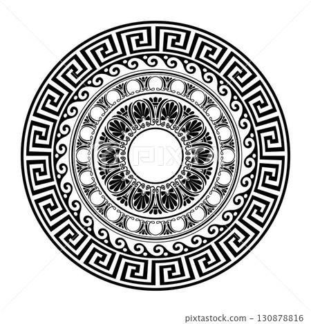 Vector round monochrome classic greek frame. Greek meander. Patterns of Greece, ancient Rome. Circle european border. Round antique border from Greek. Typical egyptian, assyrian and greek motives  130878816