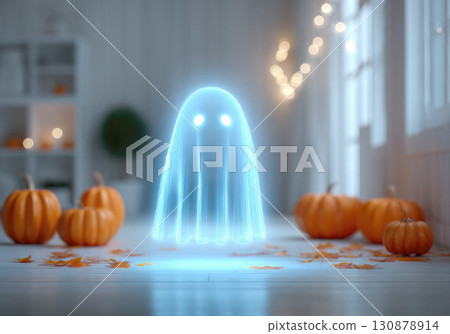 A glowing blue holographic ghost floats in a cozy room decorated with pumpkins and autumn leaves, creating a whimsical and festive Halloween atmosphere A glowing blue holographic ghost floats in a cozy room decorated with pumpkins and autumn leaves, creating a whimsical and festive Halloween atmosphere 130878914