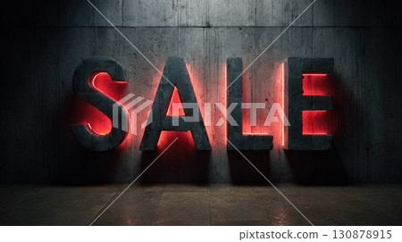 Bright red neon letters with the word SALE glow against a dark textured wall, creating a striking and eye-catching advertisement, ideal for promotions, discounts and seasonal sales on Black Friday Bright red neon letters with the word SALE glow against a dark textured wall, creating a striking and eye-catching advertisement, ideal for promotions, discounts and seasonal sales on Black Friday 130878915
