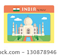 Taj Mahal, famous palace in India. Landmark and symbol of country. Isolated flat vector illustration on background. 130878946