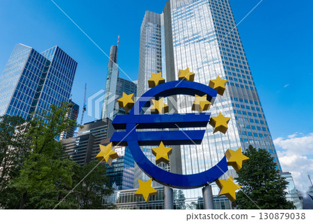 Famous euro sign in front of Eurotower, European Central Bank, F Famous euro sign in front of Eurotower, European Central Bank, F 130879038
