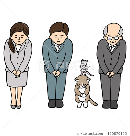 Five-piece set featuring a woman and man in a suit bowing politely Five-piece set featuring a woman and man in a suit bowing politely 130879133