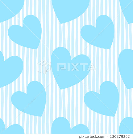 Hearts Retro Seamless Pattern on Blue Striped Background. The texture of the festive background for Valentines day, romantic wedding design. Cute Childish Wallpaper for nursery. Hearts Retro Seamless Pattern on Blue Striped Background. The texture of the festive background for Valentines day, romantic wedding design. Cute Childish Wallpaper for nursery. 130879262
