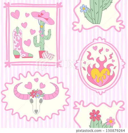 Cowgirl seamless pattern. Cowboy western theme, cactus, cow skull, cowboy boots, hat, flame heart and dice in girly pink frame. Hand-drawn cartoon print on a stripy pink background. Vector Cowgirl seamless pattern. Cowboy western theme, cactus, cow skull, cowboy boots, hat, flame heart and dice in girly pink frame. Hand-drawn cartoon print on a stripy pink background. Vector 130879264