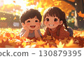 Anime style, children playing on fallen leaves, happy expressions 130879395