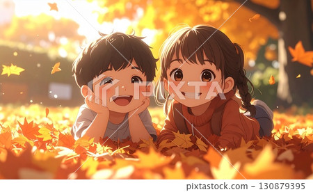 Anime style, children playing on fallen leaves, happy expressions 130879395