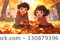 Anime style, children playing on fallen leaves, happy expressions 130879396