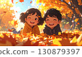 Anime style, children playing on fallen leaves, happy expressions 130879397